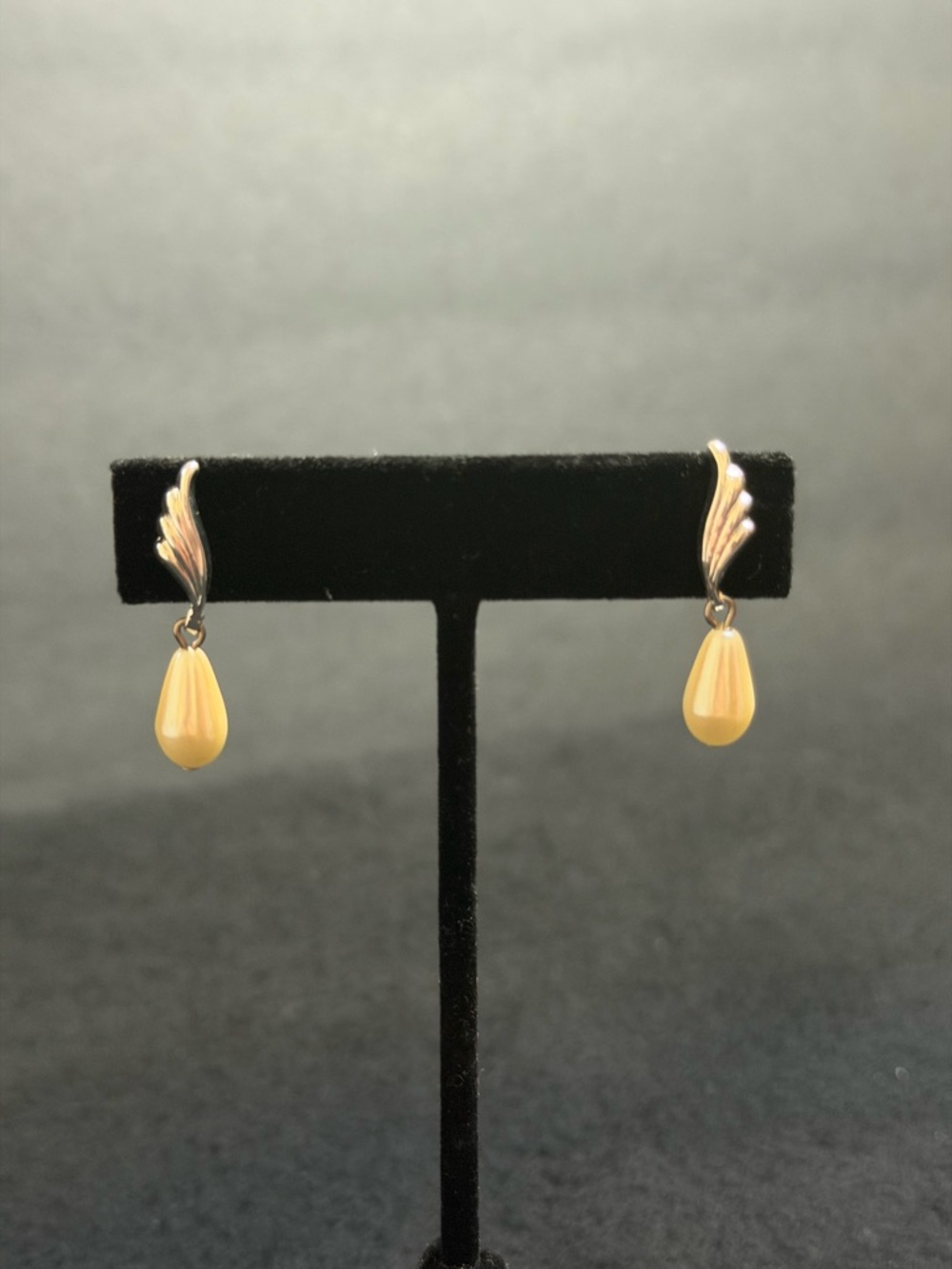 Elegant Art Deco Silver-Tone Wing Drop Earrings with Yellow Pearl Teardrops